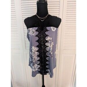 Maurices Top Womens L Floral Lace Split Neck Sleeveless Blue Black Tank Romantic